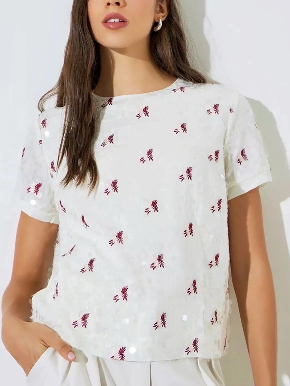 Maje Lapy Ecru Sequin Embroidered Short Sleeve Top Size 3 L